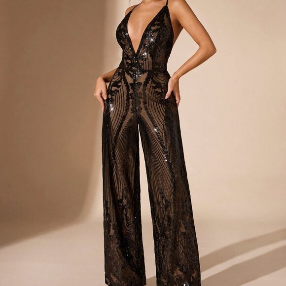 Black Party Women's Deep V-Neck Sequin detailed Wide Leg Jumpsuit - Picture 1 of 5